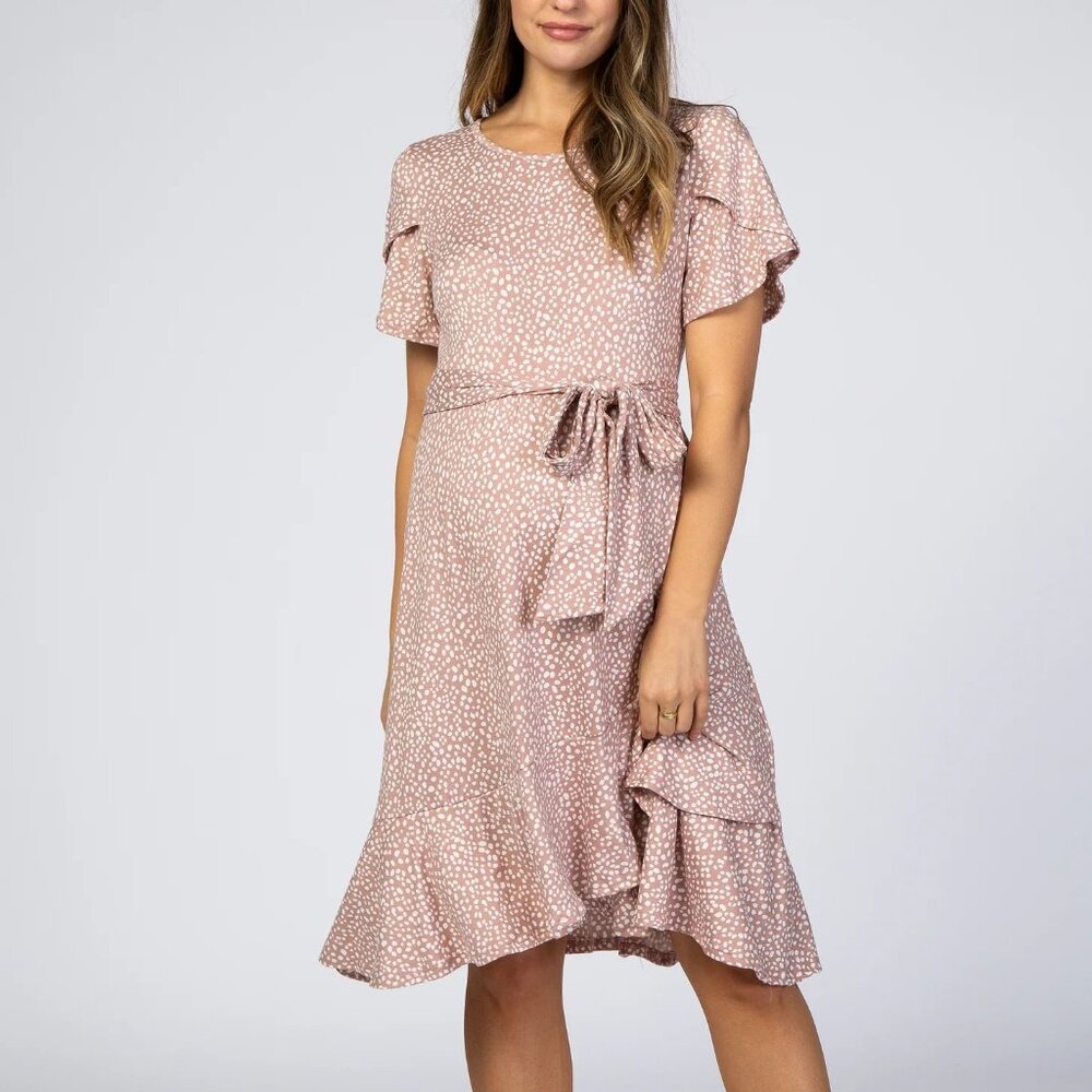 PinkBlush Mauve Polka Dot Ruffle Maternity Dress – Size L